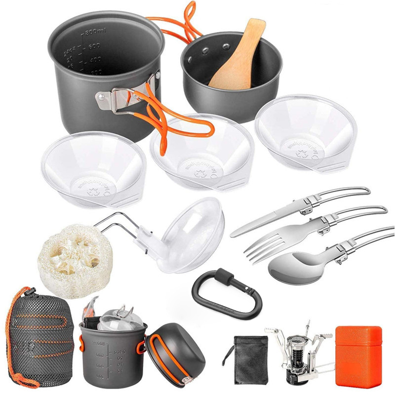 Camping Cooking Pots And Pans Set - Campingkookgereiset, campingpottenset met fornuis en kommen,