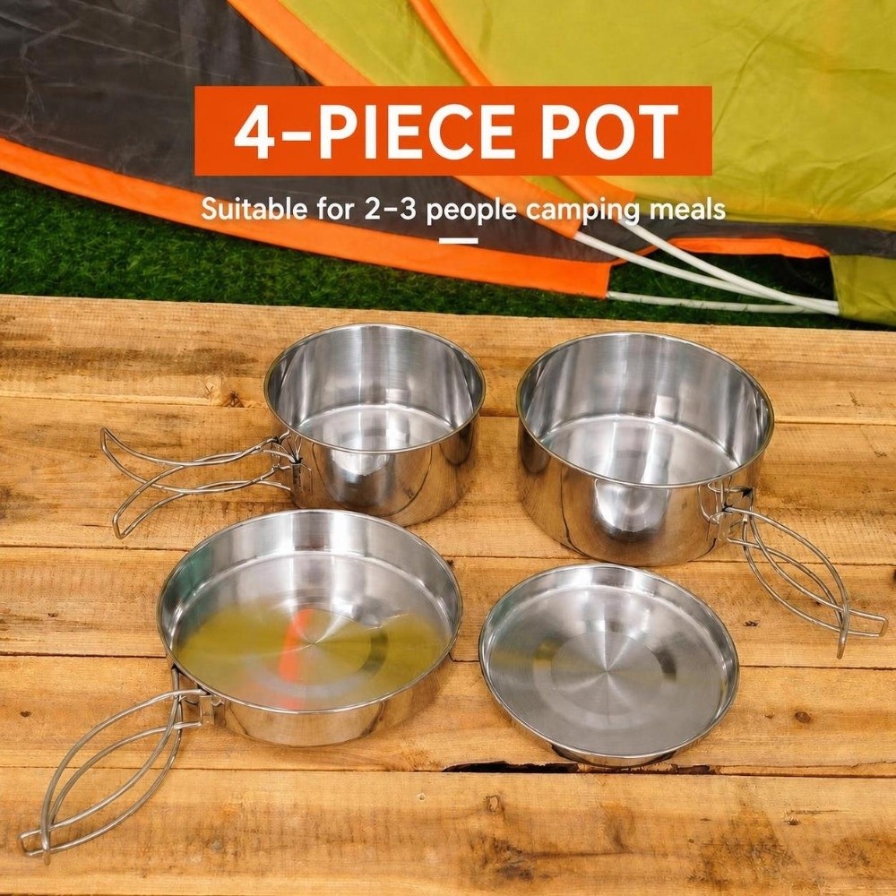 Camping Cooking Pots And Pans Set - 4-delige draagbare roestvrijstalen campingkookset, stapelbaar, 4-delige