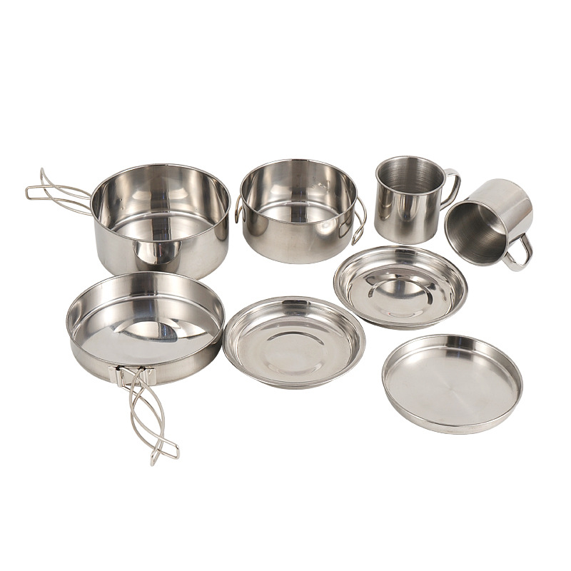 Camping Cooking Pots And Pans Set - 8-delige camping kookset van roestvrij staal,